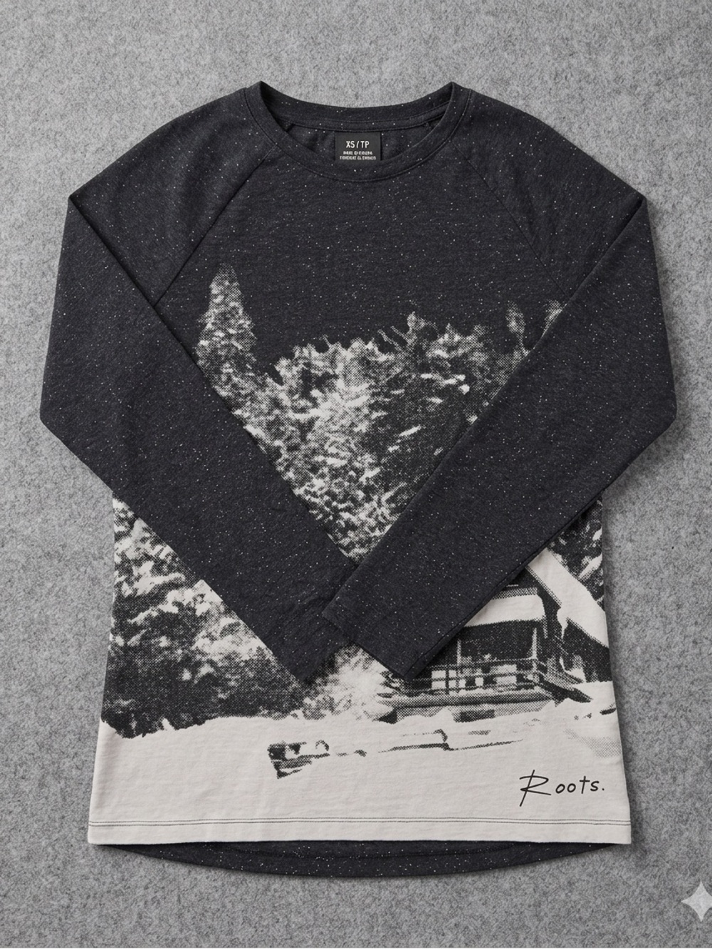 Roots Canada Women's XS | Snowy Winter Cabin Graphic Long Sleeve Shirt Grey